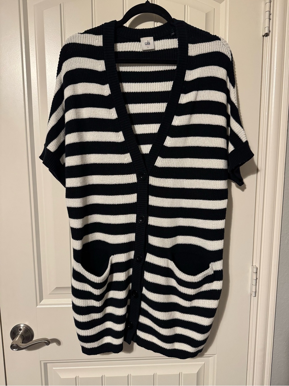 CAbi Black and White Striped Short-Sleeve Knit Cardigan